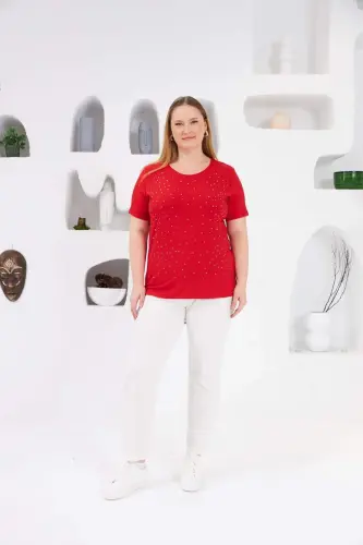 Stone Detailed Bicycle Collar Plus Size T-Shirt Red - 4