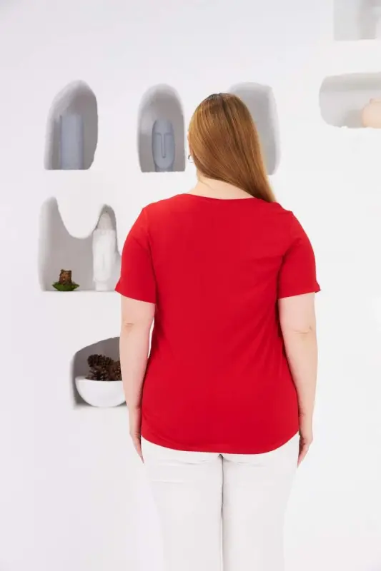 Stone Detailed Bicycle Collar Plus Size T-Shirt Red - 5