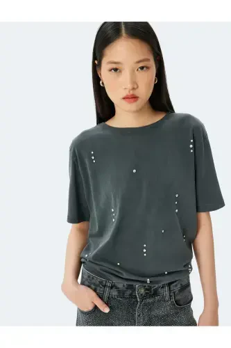 Stone Detailed Bicycle Collar Washed T-shirt - 1