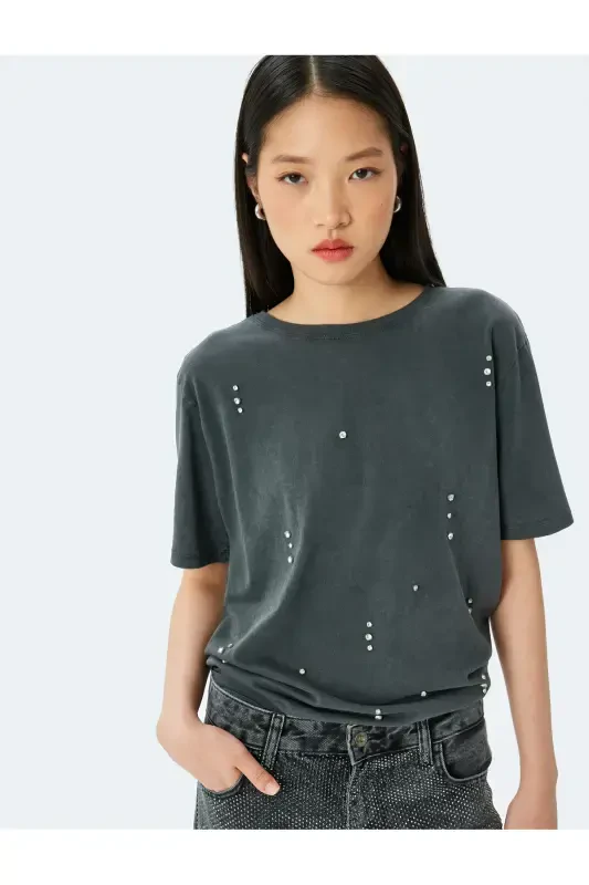 Stone Detailed Bicycle Collar Washed T-shirt - KOTON