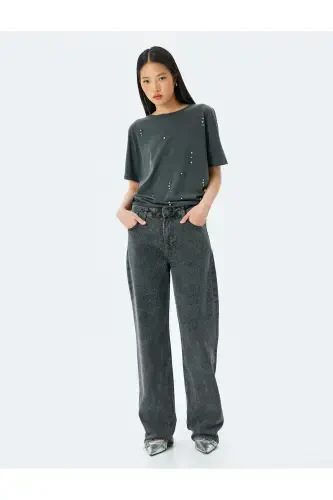 Stone Detailed Bicycle Collar Washed T-shirt - KOTON (1)