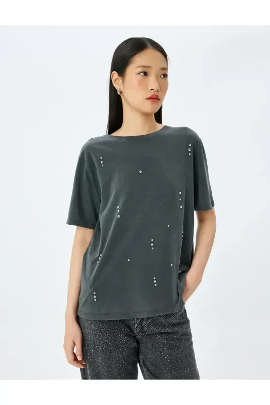 Stone Detailed Bicycle Collar Washed T-shirt - 3