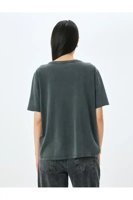 Stone Detailed Bicycle Collar Washed T-shirt - 4