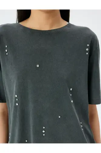 Stone Detailed Bicycle Collar Washed T-shirt - 5