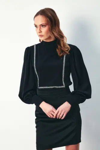 Stone Detailed Blouse - BLACK-BLACK - 3