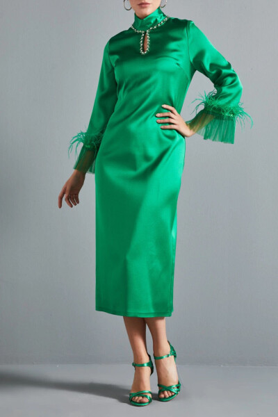 Stone Detailed Breast Windowed Arm End Waistcoat and Organza Tulle Detailed Green Satin Midi Dress 37055 - SERPİL