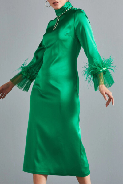 Stone Detailed Breast Windowed Arm End Waistcoat and Organza Tulle Detailed Green Satin Midi Dress 37055 - SERPİL (1)