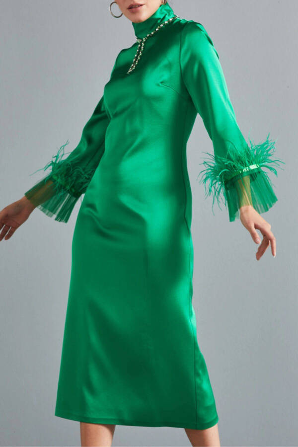 Stone Detailed Breast Windowed Arm End Waistcoat and Organza Tulle Detailed Green Satin Midi Dress 37055 - 2