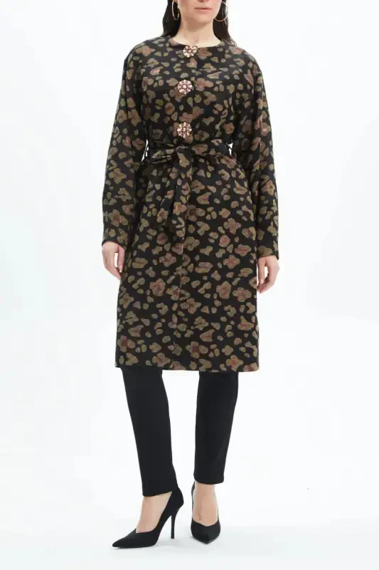 Stone Detailed Leopard Print Belt Winter Black Coat 39144 - 1