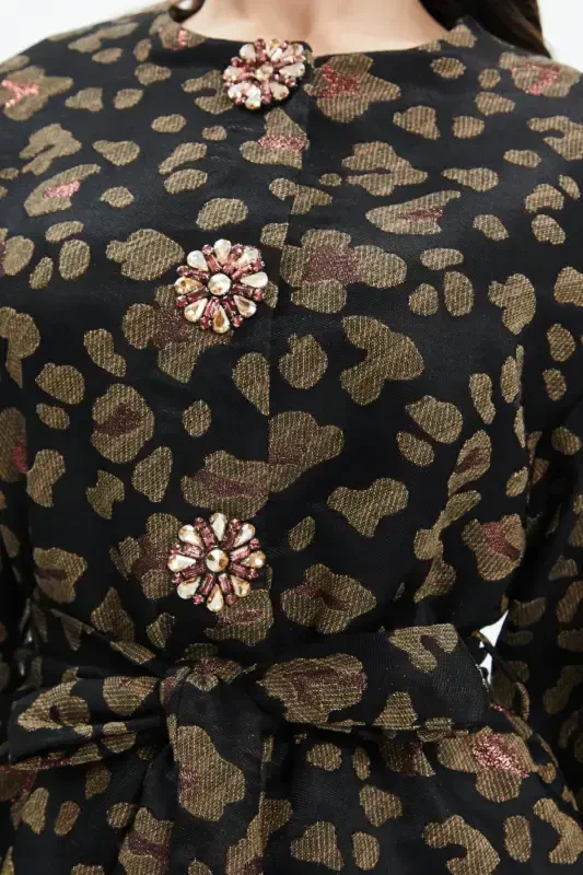 Stone Detailed Leopard Print Belt Winter Black Coat 39144 - 2