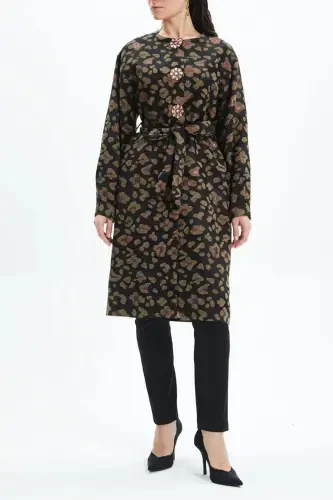 Stone Detailed Leopard Print Belt Winter Black Coat 39144 - 3