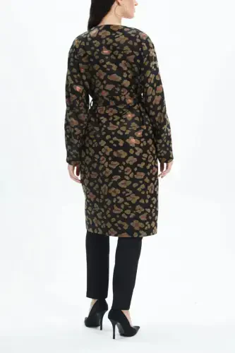 Stone Detailed Leopard Print Belt Winter Black Coat 39144 - 4
