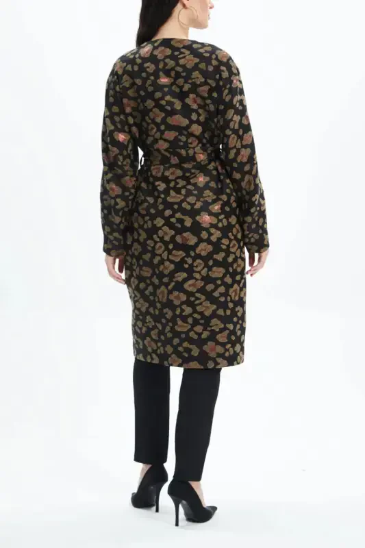 Stone Detailed Leopard Print Belt Winter Black Coat 39144 - 4