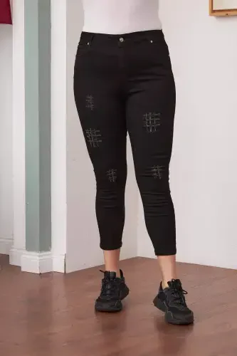 Stone Detailed Plus Size Black Jeans - 1