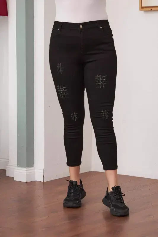 Stone Detailed Plus Size Black Jeans - 1