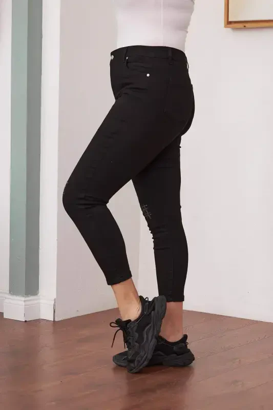 Stone Detailed Plus Size Black Jeans - 3