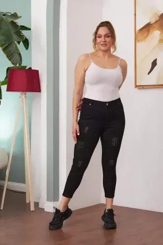 Stone Detailed Plus Size Black Jeans - 5