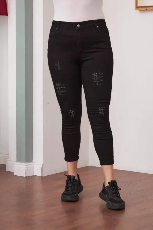 Stone Detailed Plus Size Black Jeans - BÜYÜKBEDENIZ
