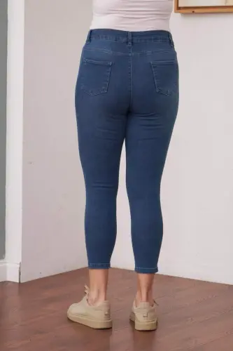 Stone Detailed Plus Size Blue Denim Pants - 4