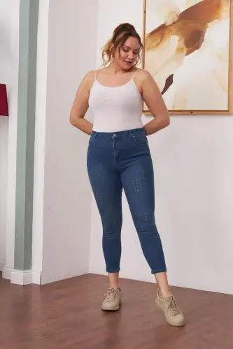 Stone Detailed Plus Size Blue Denim Pants - 5