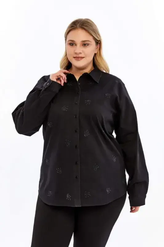 Stone Detailed Plus Size Shirt Black - 1