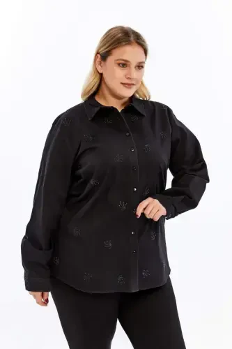 Stone Detailed Plus Size Shirt Black - BÜYÜKBEDENIZ (1)