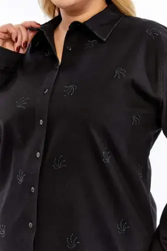 Stone Detailed Plus Size Shirt Black - 3