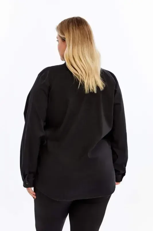Stone Detailed Plus Size Shirt Black - 5