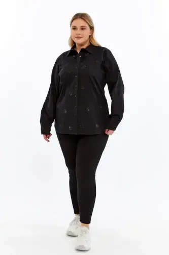 Stone Detailed Plus Size Shirt Black - 6