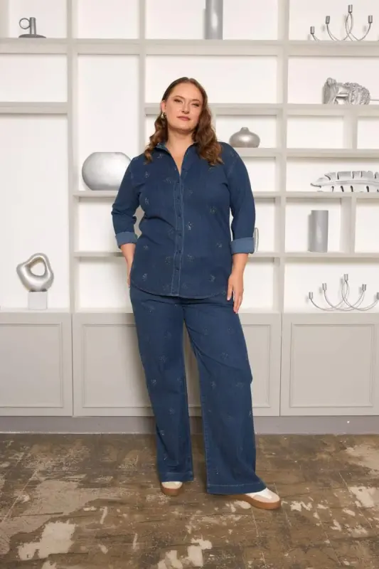 Stone Detailed Plus Size Shirt Navy Blue - 5