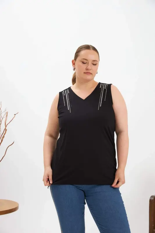 Stone Detailed Plus Size Sleeveless Blouse Black - BÜYÜKBEDENIZ