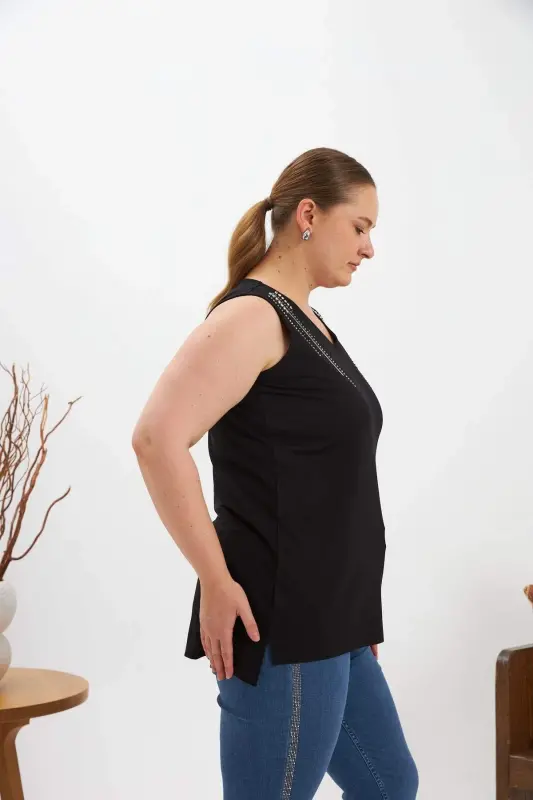 Stone Detailed Plus Size Sleeveless Blouse Black - 2