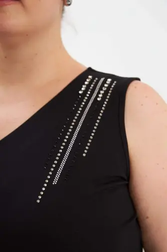 Stone Detailed Plus Size Sleeveless Blouse Black - 3