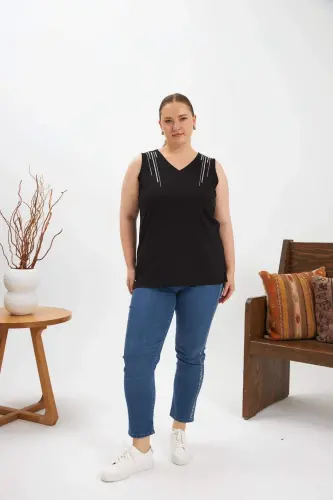 Stone Detailed Plus Size Sleeveless Blouse Black - 5