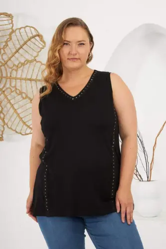 Stone Detailed Plus Size Sleeveless Blouse Black - 1