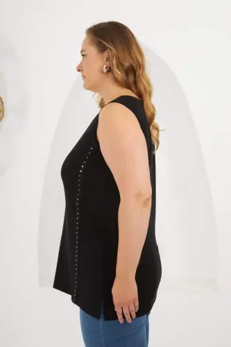Stone Detailed Plus Size Sleeveless Blouse Black - BÜYÜKBEDENIZ (1)