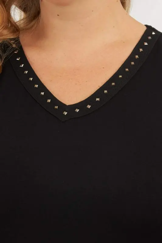 Stone Detailed Plus Size Sleeveless Blouse Black - 3
