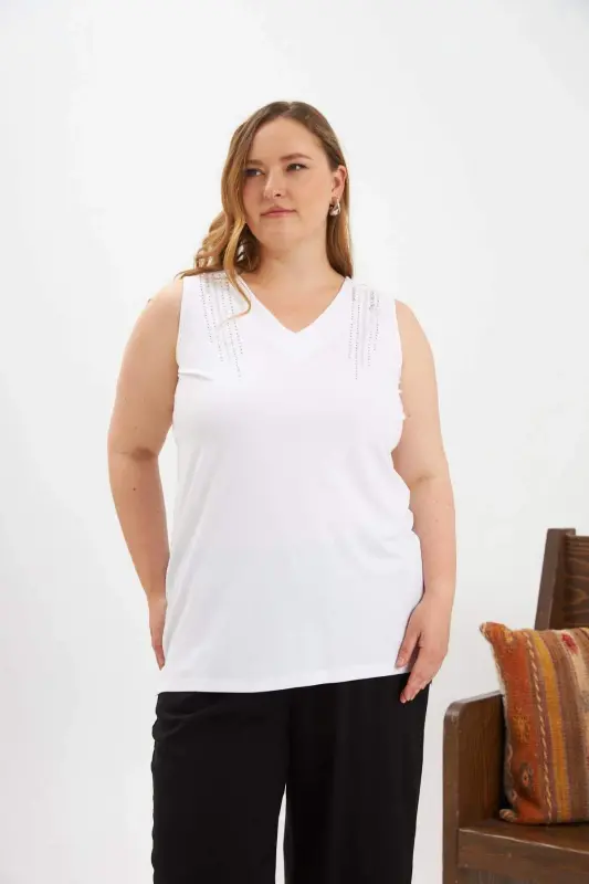 Stone Detailed Plus Size Sleeveless Blouse Ecru - BÜYÜKBEDENIZ