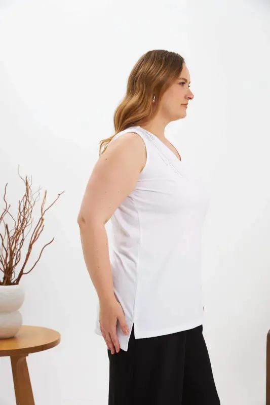 Stone Detailed Plus Size Sleeveless Blouse Ecru - 2