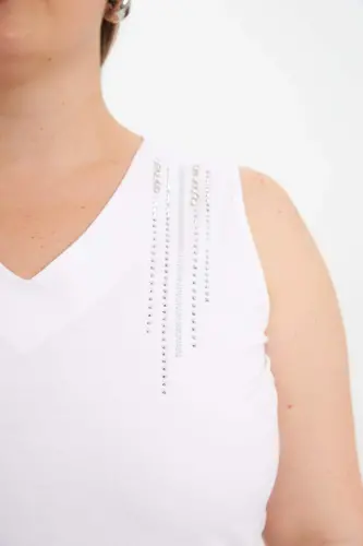 Stone Detailed Plus Size Sleeveless Blouse Ecru - 3