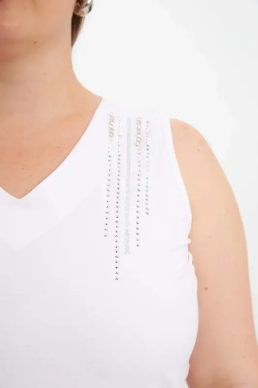 Stone Detailed Plus Size Sleeveless Blouse Ecru - 3