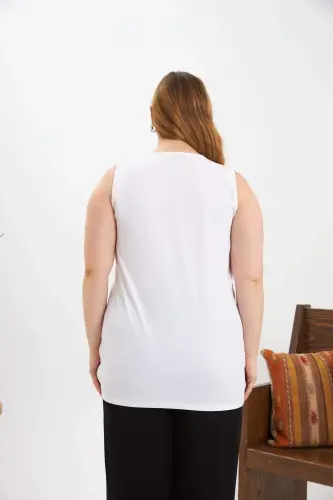 Stone Detailed Plus Size Sleeveless Blouse Ecru - 4