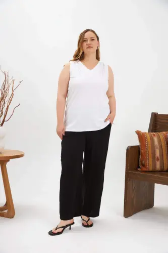 Stone Detailed Plus Size Sleeveless Blouse Ecru - 5