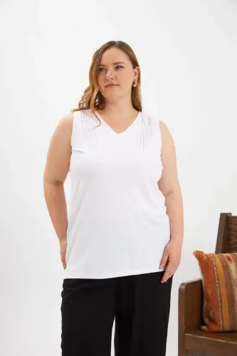 Stone Detailed Plus Size Sleeveless Blouse Ecru - 1