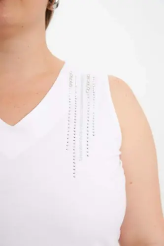 Stone Detailed Plus Size Sleeveless Blouse Ecru - 3