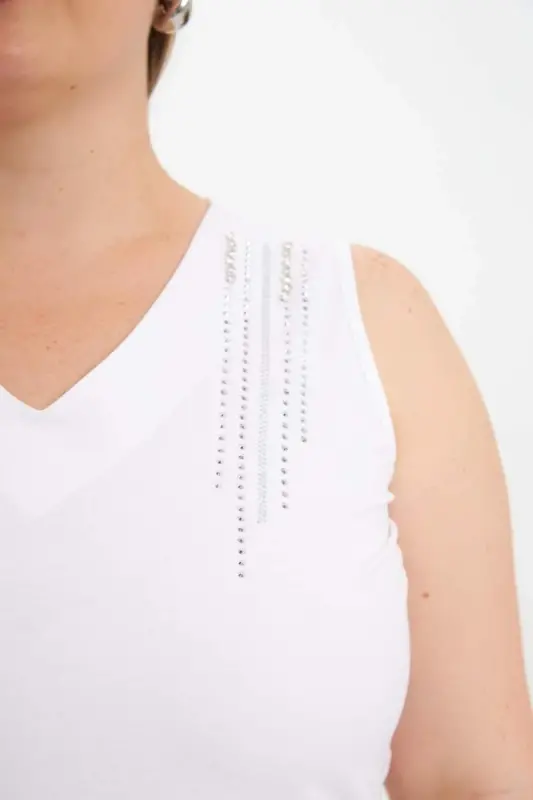 Stone Detailed Plus Size Sleeveless Blouse Ecru - 3