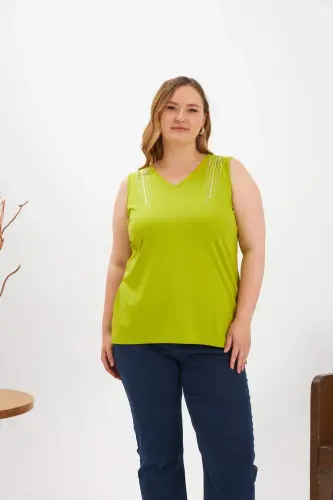 Stone Detailed Plus Size Sleeveless Blouse Olive - 1