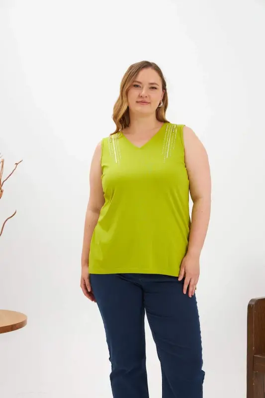 Stone Detailed Plus Size Sleeveless Blouse Olive - BÜYÜKBEDENIZ