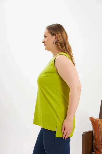 Stone Detailed Plus Size Sleeveless Blouse Olive - BÜYÜKBEDENIZ (1)