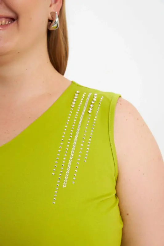 Stone Detailed Plus Size Sleeveless Blouse Olive - 3